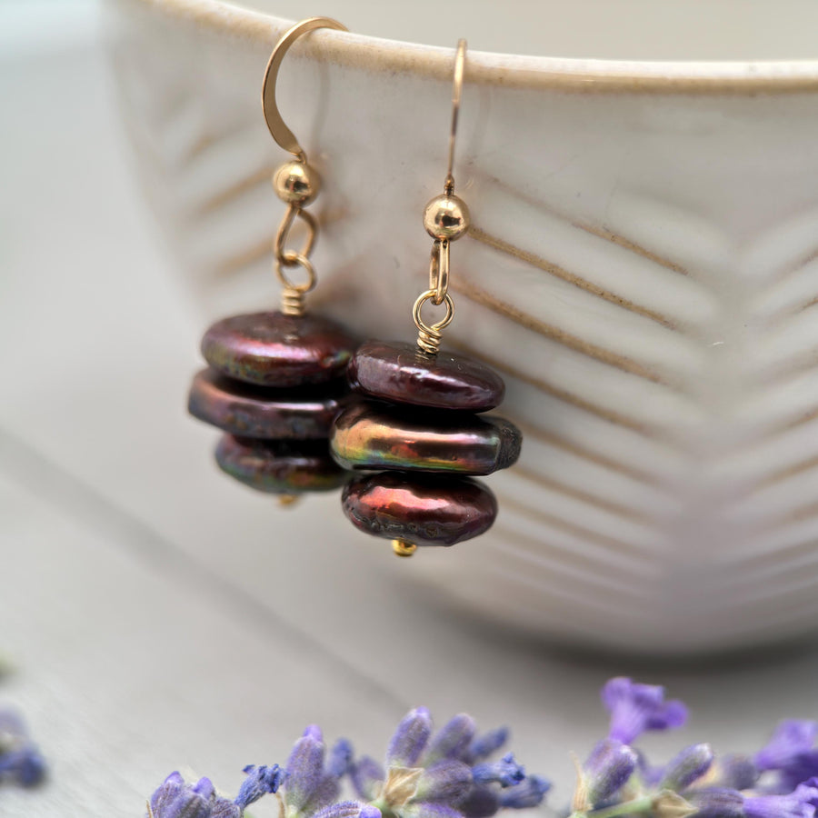 Brown Freshwater Pearl and 14k Yellow Gold OR Solid 925 Sterling Silver Earrings - Peacock, Rainbow Colors - SunlightSilver