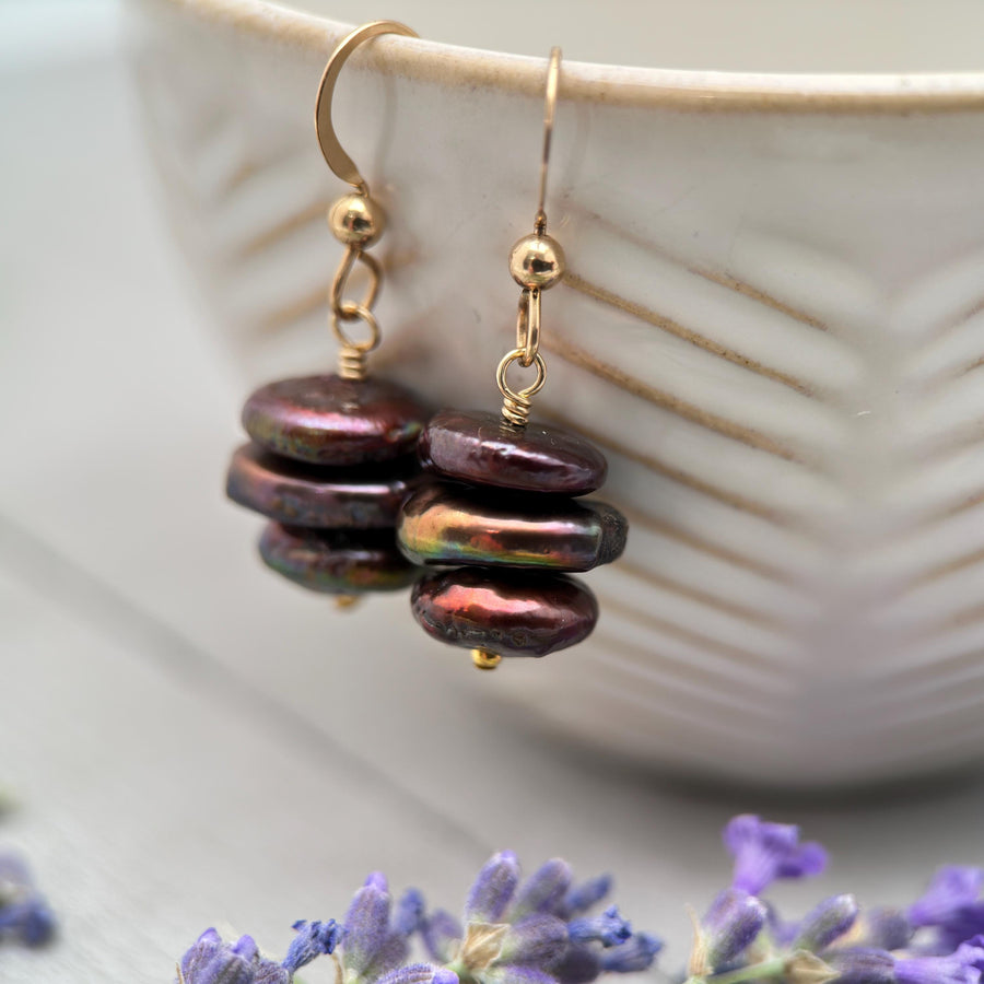 Brown Freshwater Pearl and 14k Yellow Gold OR Solid 925 Sterling Silver Earrings - Peacock, Rainbow Colors - SunlightSilver