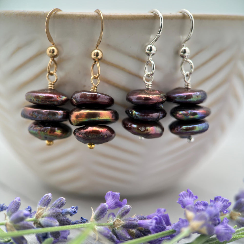 Brown Freshwater Pearl and 14k Yellow Gold OR Solid 925 Sterling Silver Earrings - Peacock, Rainbow Colors - SunlightSilver