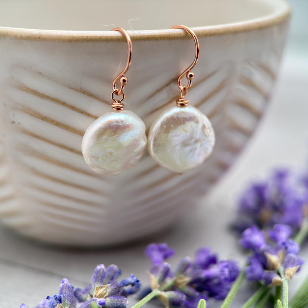 White Coin Pearl Earrings - 14k Rose Gold Fill Jewelry - Wedding Pearls - June Birthstone Gift - SunlightSilver