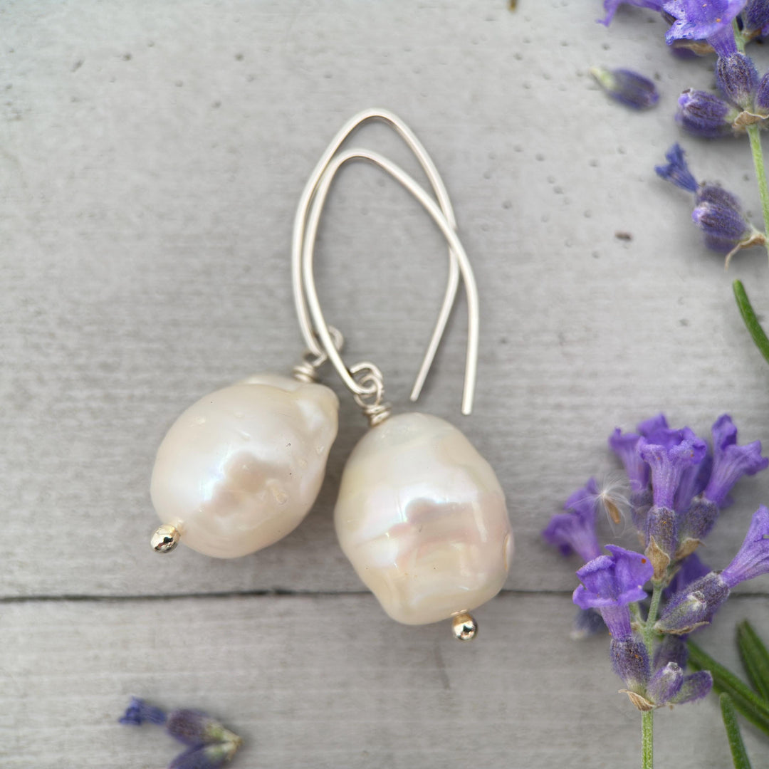 White Baroque Pearl Earrings - Solid 925 Sterling Silver - Unique, Large 13-17mm Freshwater Pearls - SunlightSilver