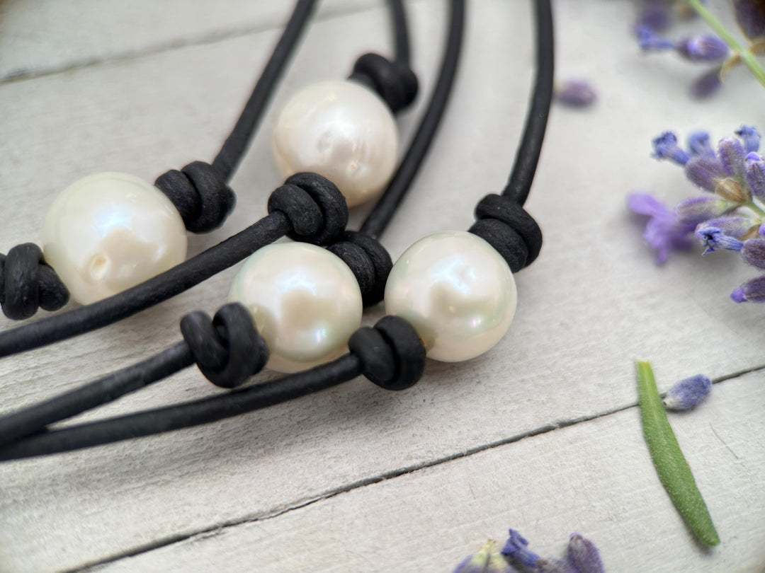 Leather & Pearl Necklace – Large 11-12mm Round Pearl - Adjustable with Black or Brown Cord - SunlightSilver