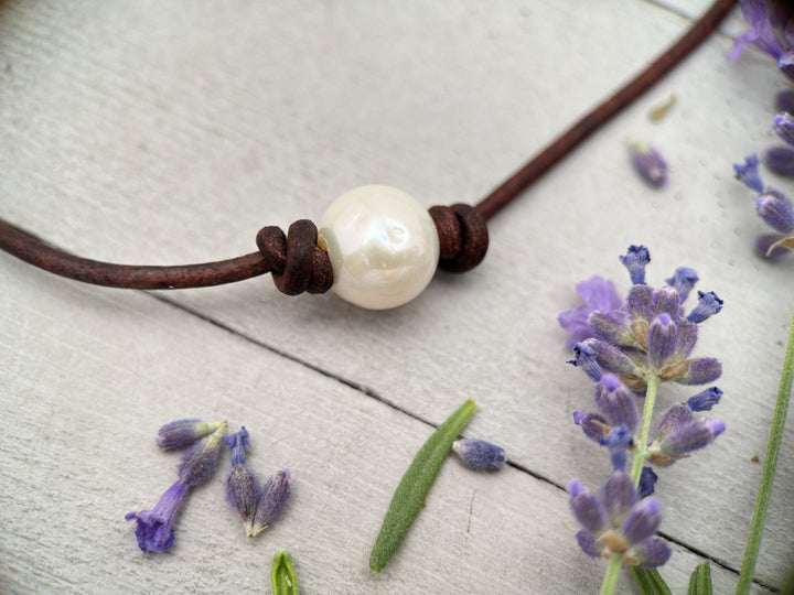 Leather & Pearl Necklace – Large 11-12mm Round Pearl - Adjustable with Black or Brown Cord - SunlightSilver