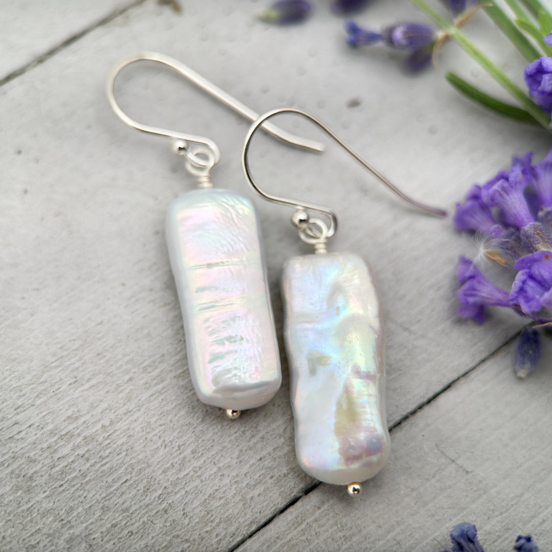 White Rectangle Pearl Earrings – Freshwater Pearls & Solid 925 Sterling Silver - Large, Thick, Lustrous Nacre and Orient - SunlightSilver