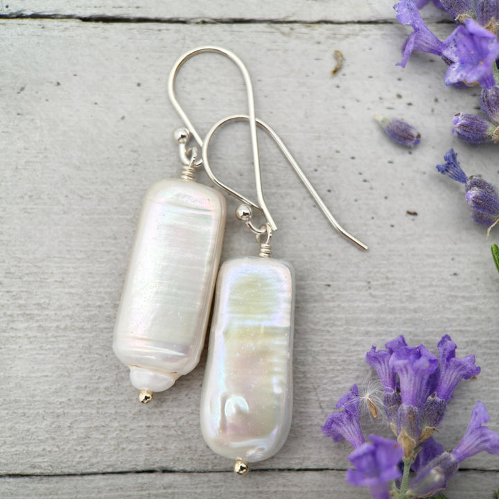 White Rectangle Pearl Earrings – Freshwater Pearls & Solid 925 Sterling Silver - Large, Thick, Lustrous Nacre and Orient - SunlightSilver