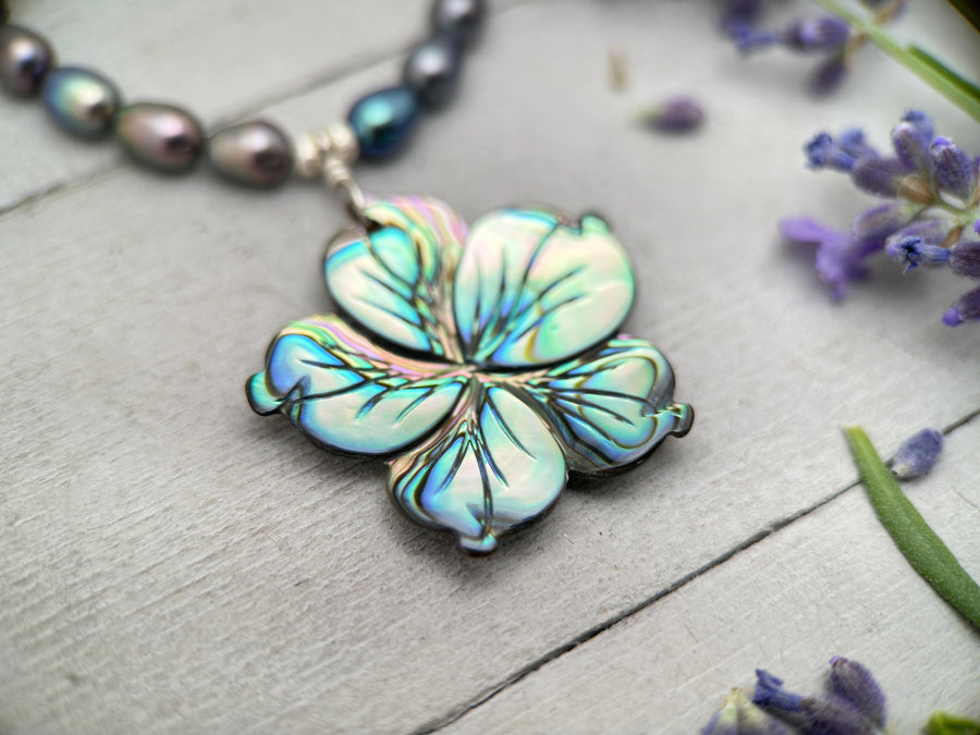 Peacock Pearl Necklace with Abalone Flower Pendant – Solid 925 Sterling Silver – 4x6mm Rainbow Colorful Pearls - SunlightSilver