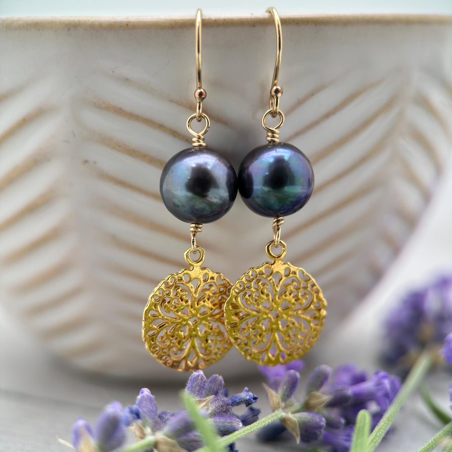 Peacock Pearl Charm Earrings – Sterling Silver, Rose Gold Fill, or Yellow Gold Fill - Lightweight Long Dangle - Limited Edition - SunlightSilver