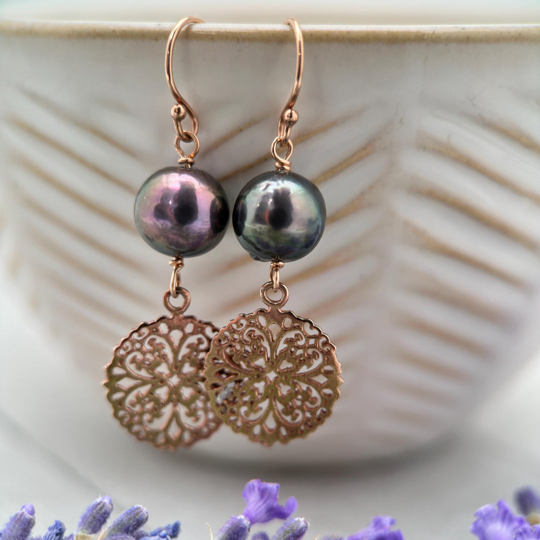 Peacock Pearl Charm Earrings – Sterling Silver, Rose Gold Fill, or Yellow Gold Fill - Lightweight Long Dangle - Limited Edition - SunlightSilver