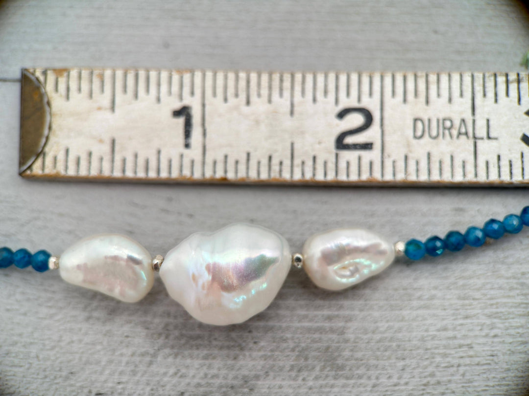 Apatite, Baroque Pearl and solid 925 Sterling Silver Necklace - Ocean Inspired Jewelry - Navy Blue and White - SunlightSilver