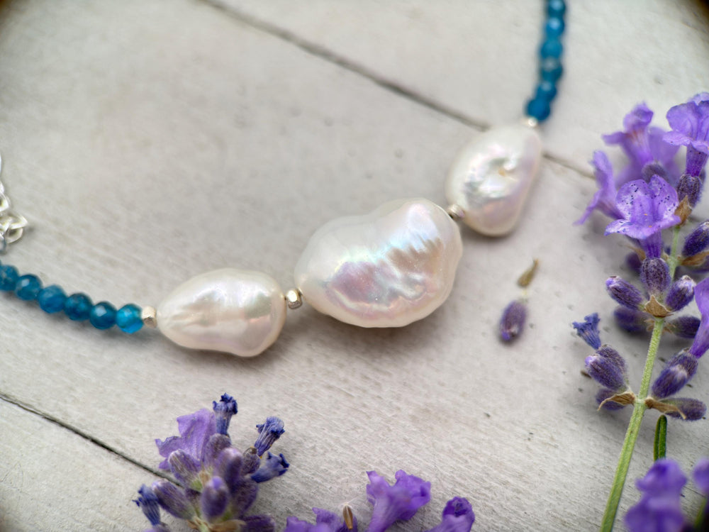 Apatite, Baroque Pearl and solid 925 Sterling Silver Necklace - Ocean Inspired Jewelry - Navy Blue and White - SunlightSilver