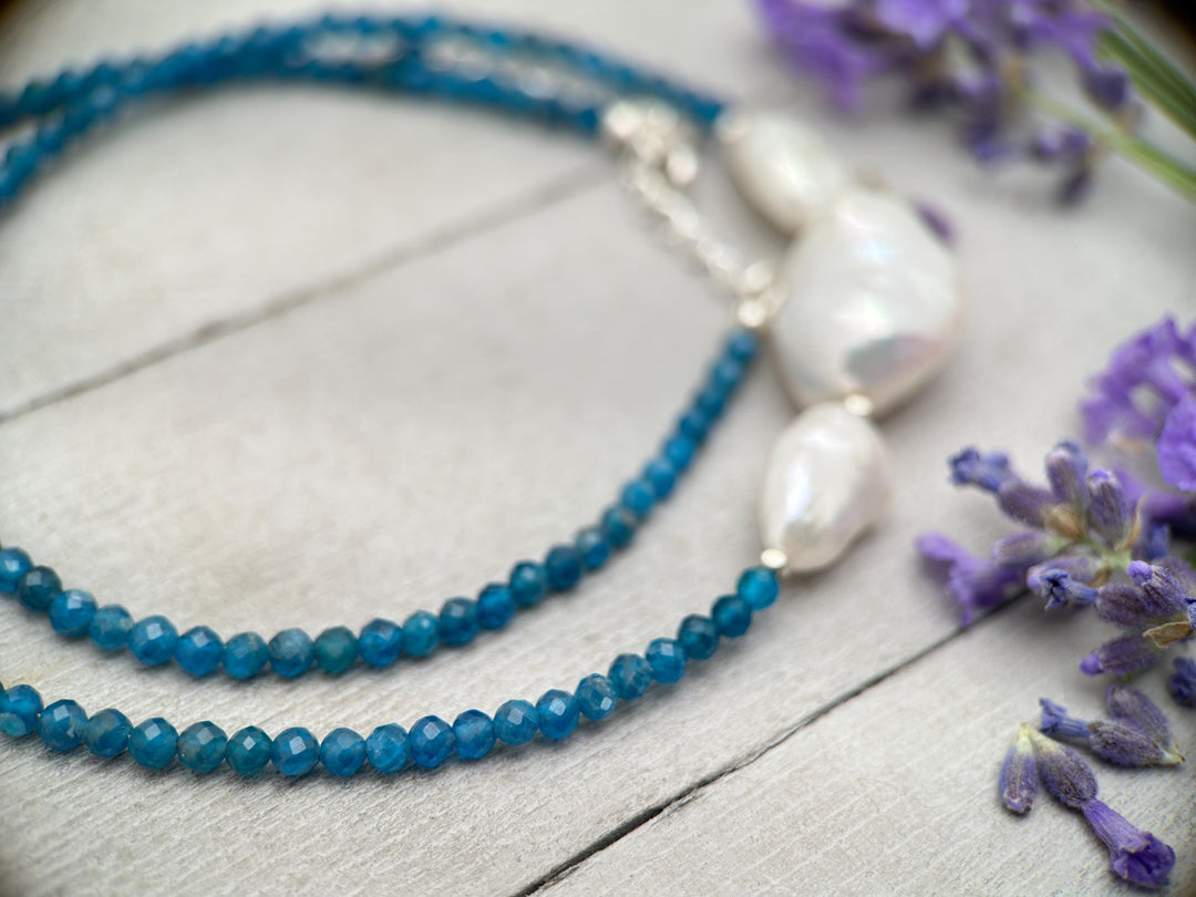 Apatite, Baroque Pearl and solid 925 Sterling Silver Necklace - Ocean Inspired Jewelry - Navy Blue and White - SunlightSilver