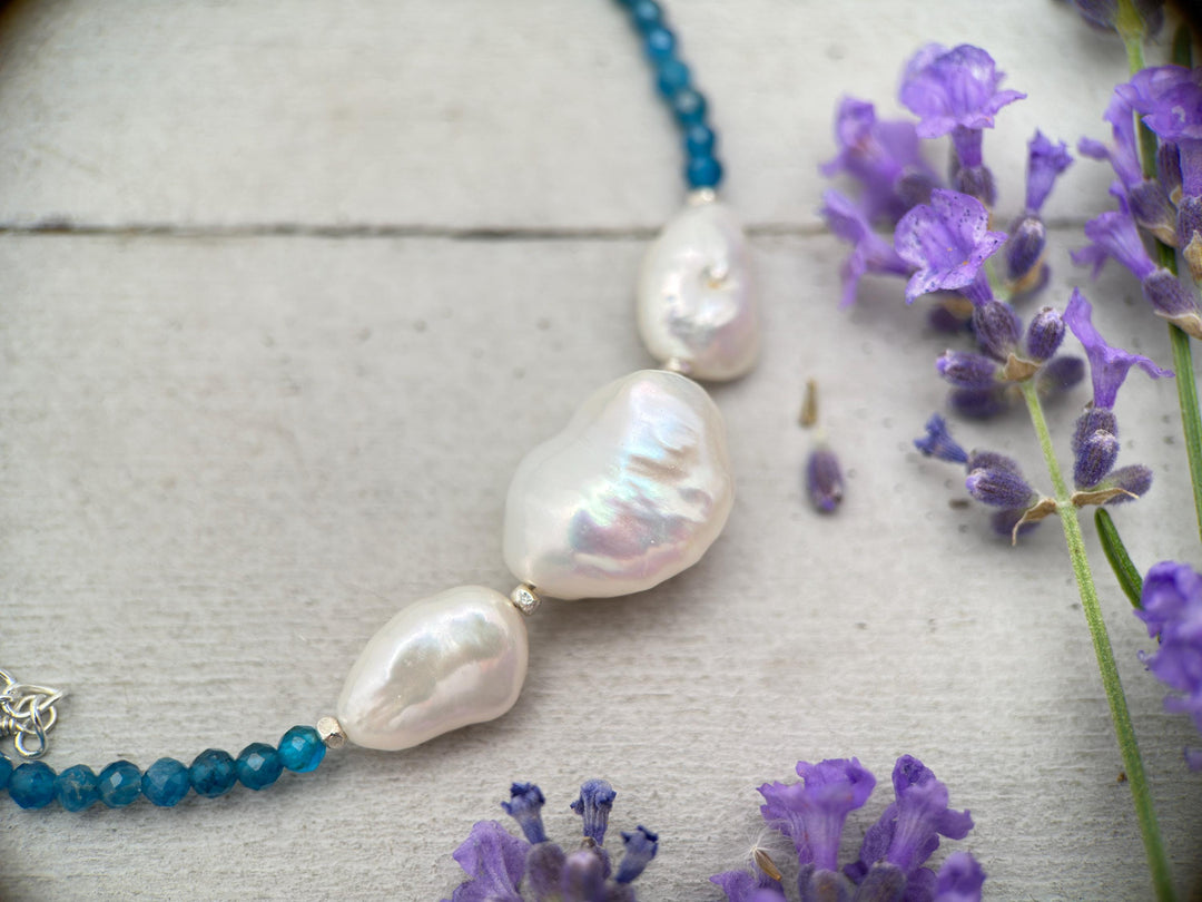 Apatite, Baroque Pearl and solid 925 Sterling Silver Necklace - Ocean Inspired Jewelry - Navy Blue and White - SunlightSilver