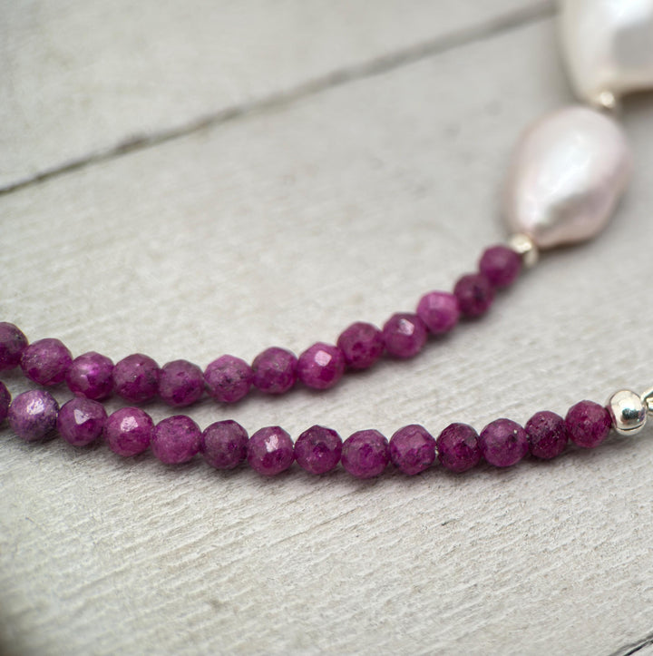 Ruby, Baroque Pearl and solid 925 Sterling Silver Necklace - July Birthstone - SunlightSilver