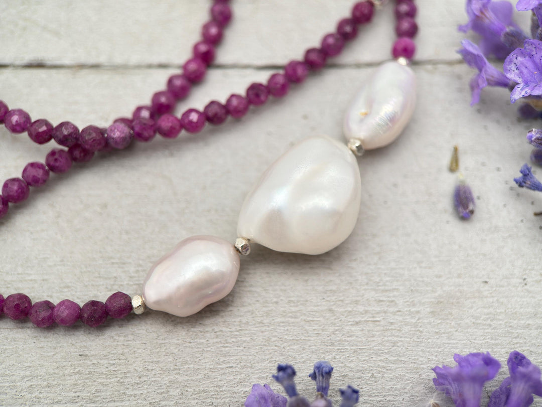 Ruby, Baroque Pearl and solid 925 Sterling Silver Necklace - July Birthstone - SunlightSilver