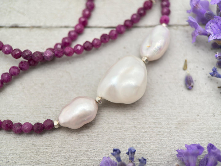 Ruby, Baroque Pearl and solid 925 Sterling Silver Necklace - July Birthstone - SunlightSilver