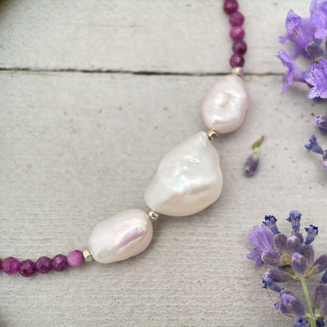 Ruby, Baroque Pearl and solid 925 Sterling Silver Necklace - July Birthstone - SunlightSilver