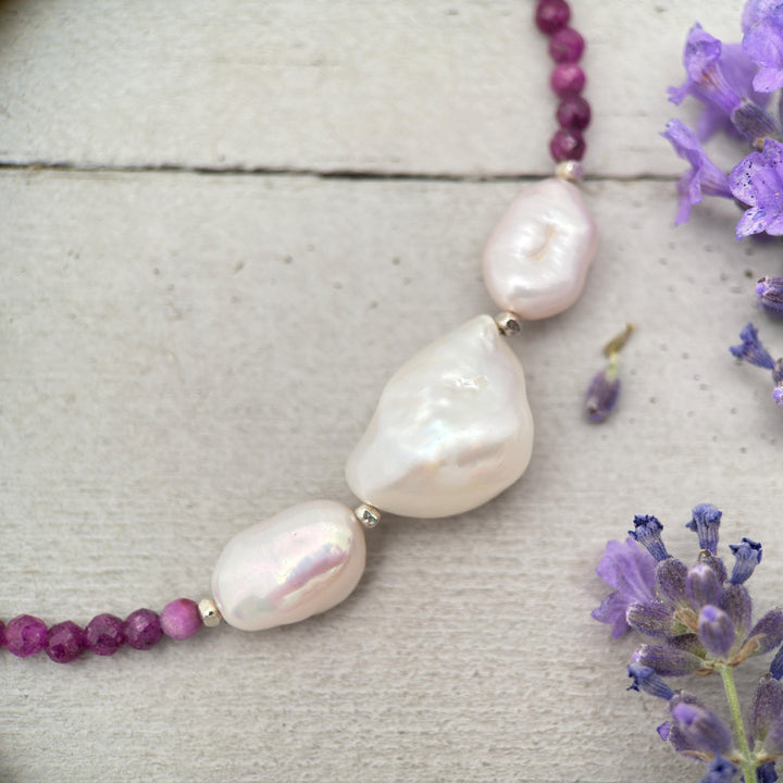 Ruby, Baroque Pearl and solid 925 Sterling Silver Necklace - July Birthstone - SunlightSilver