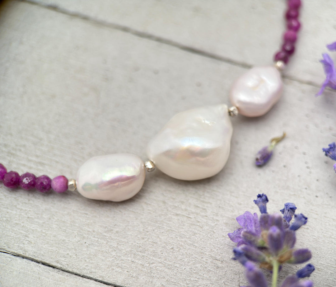 Ruby, Baroque Pearl and solid 925 Sterling Silver Necklace - July Birthstone - SunlightSilver