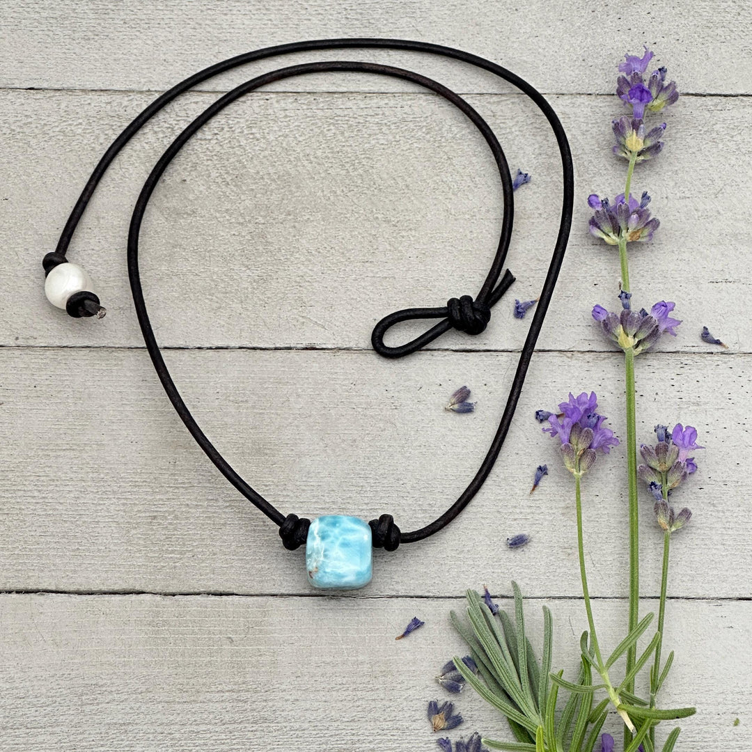 Larimar and Black Leather Choker Necklace - 18 inches - For Him or Her - SunlightSilver
