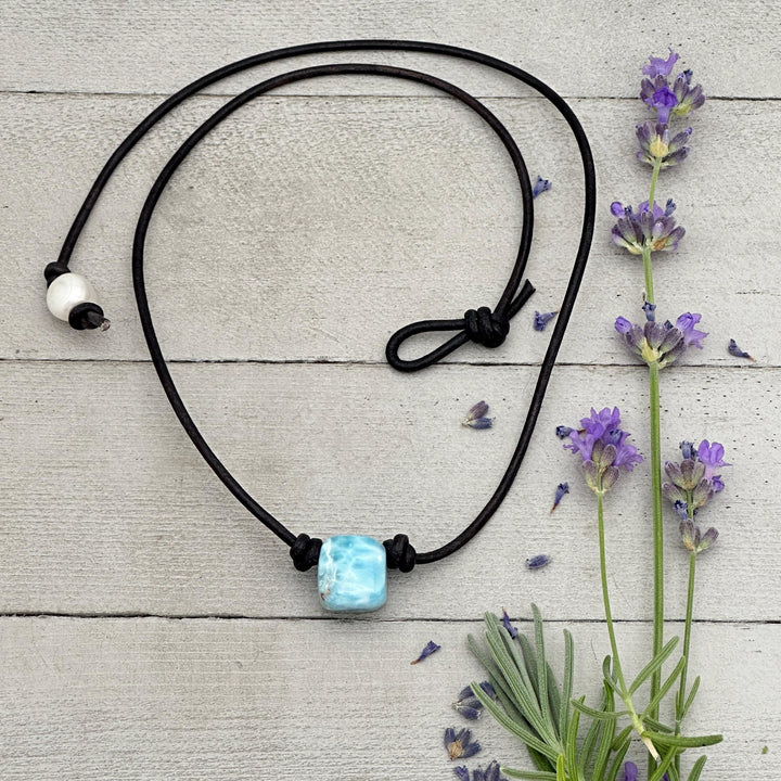 Larimar and Black Leather Choker Necklace - 18 inches - For Him or Her - SunlightSilver
