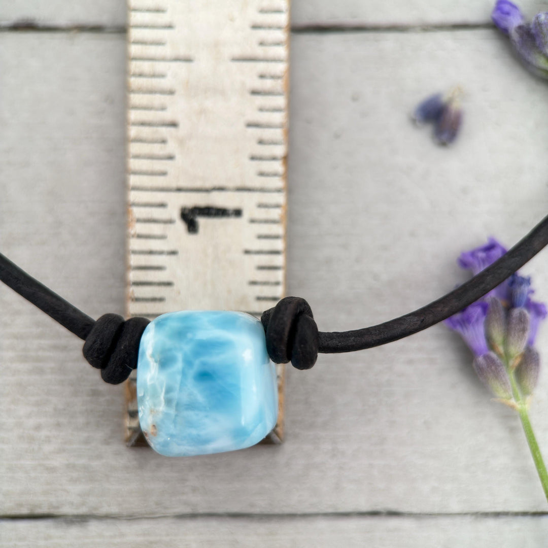 Larimar and Black Leather Choker Necklace - 18 inches - For Him or Her - SunlightSilver