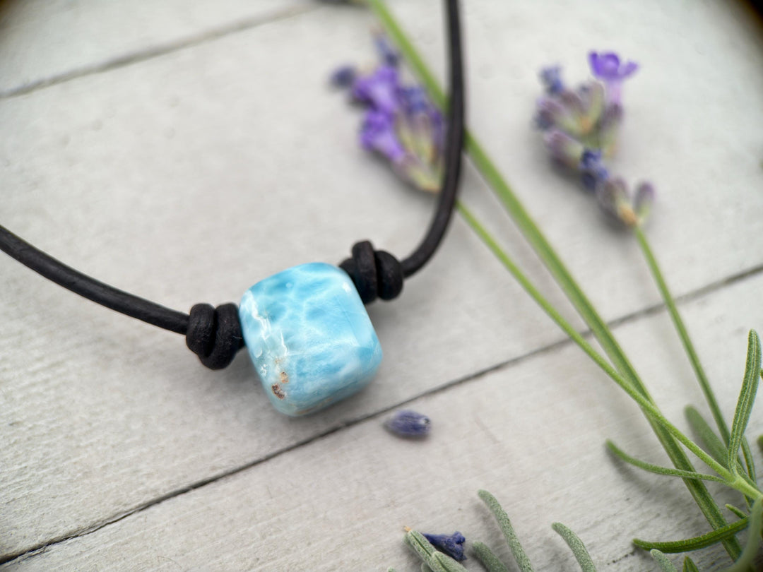Larimar and Black Leather Choker Necklace - 18 inches - For Him or Her - SunlightSilver