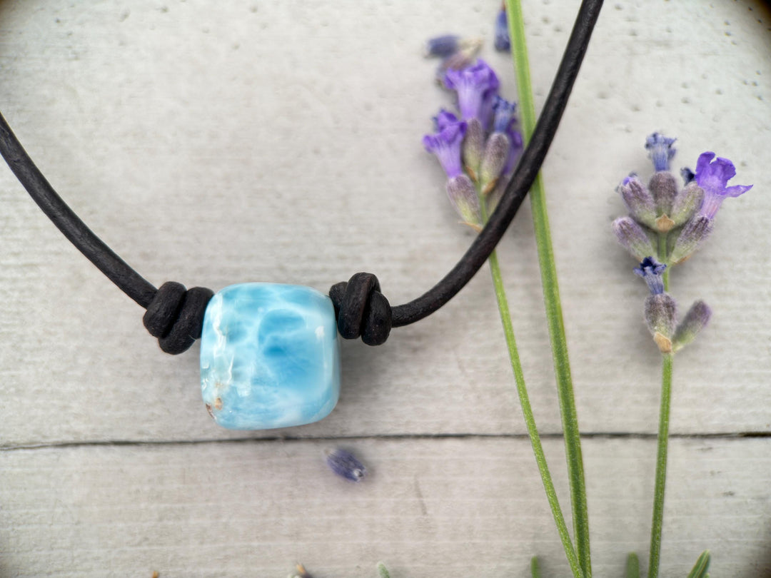 Larimar and Black Leather Choker Necklace - 18 inches - For Him or Her - SunlightSilver