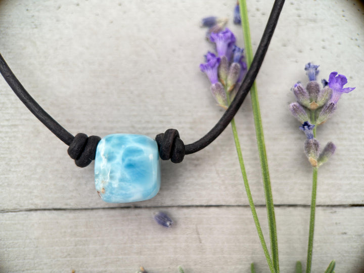 Larimar and Black Leather Choker Necklace - 18 inches - For Him or Her - SunlightSilver