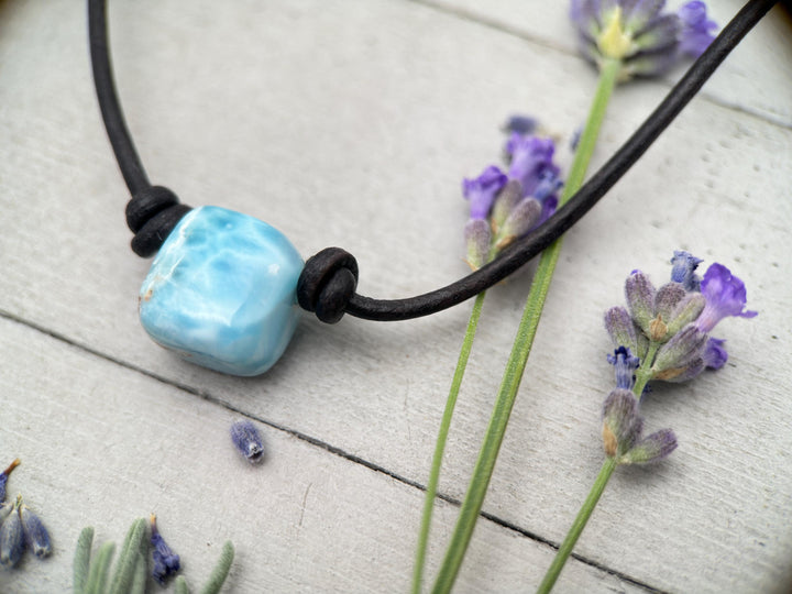 Larimar and Black Leather Choker Necklace - 18 inches - For Him or Her - SunlightSilver