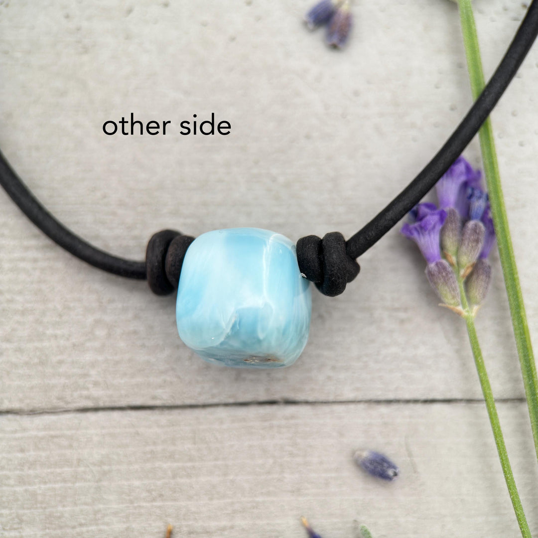 Larimar and Black Leather Choker Necklace - 18 inches - For Him or Her - SunlightSilver