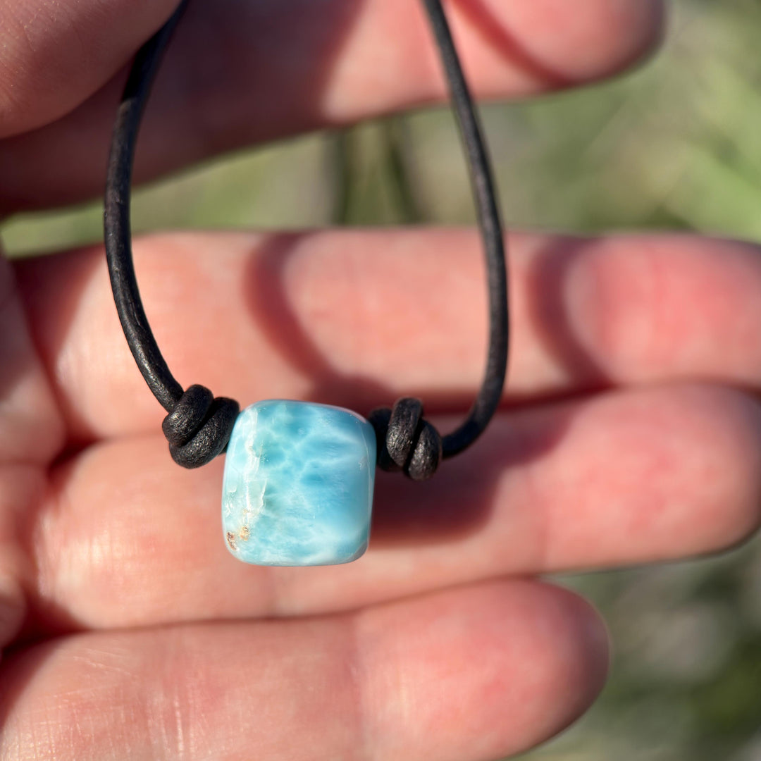 Larimar and Black Leather Choker Necklace - 18 inches - For Him or Her - SunlightSilver