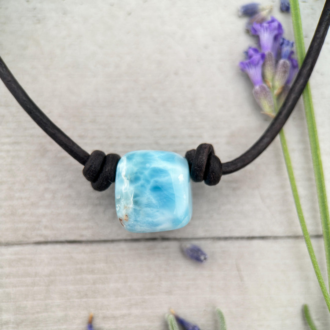 Larimar and Black Leather Choker Necklace - 18 inches - For Him or Her - SunlightSilver
