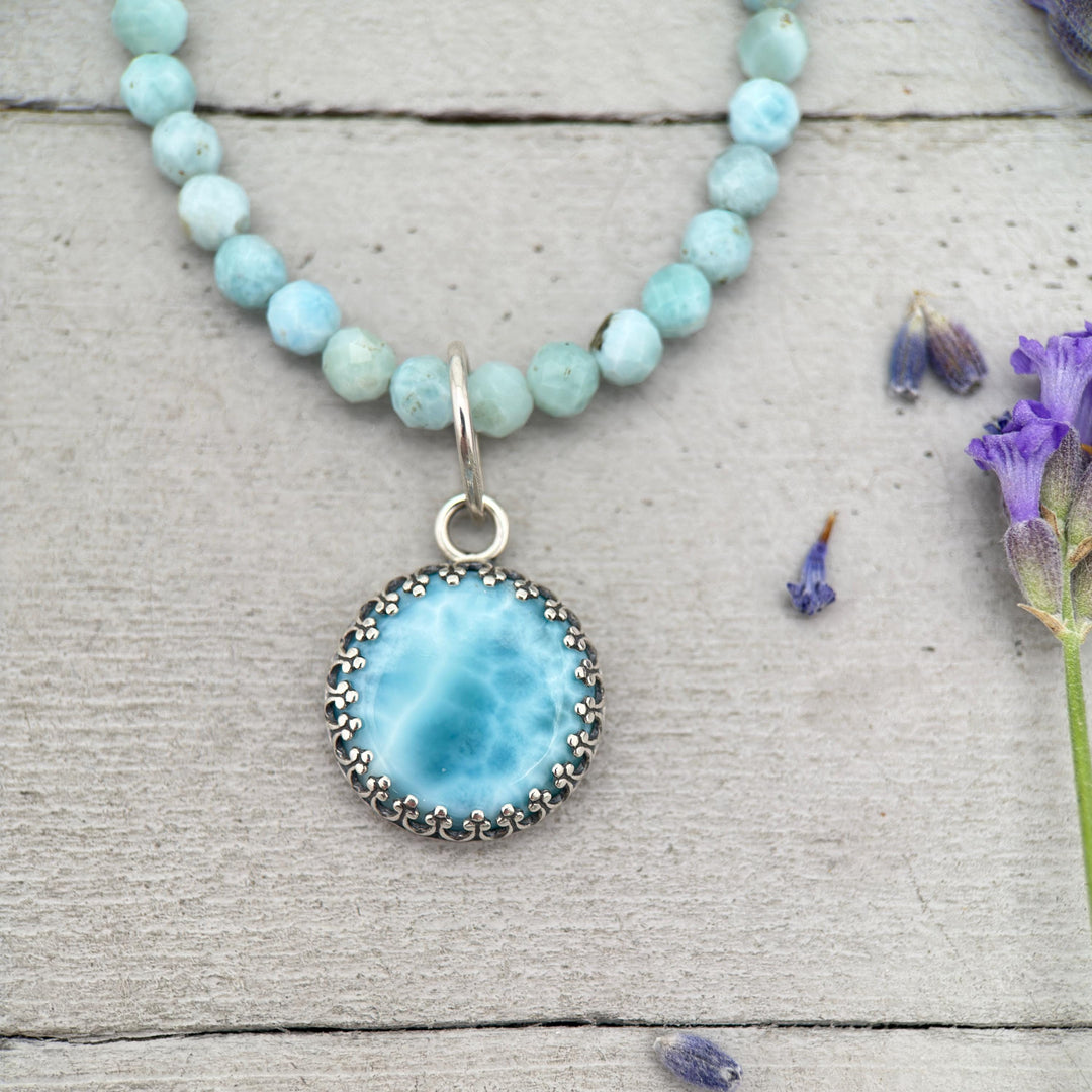 Larimar and Solid 925 Sterling Silver Silver Pendant - Layering Necklace Charm - AAA Grade Genuine Larimar - SunlightSilver