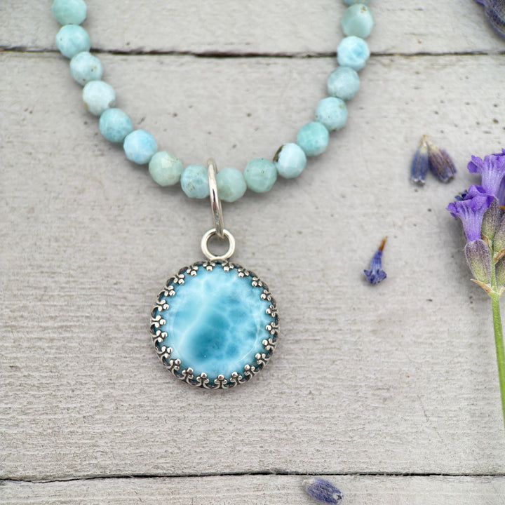 Larimar and Solid 925 Sterling Silver Silver Pendant - Layering Necklace Charm - AAA Grade Genuine Larimar - SunlightSilver