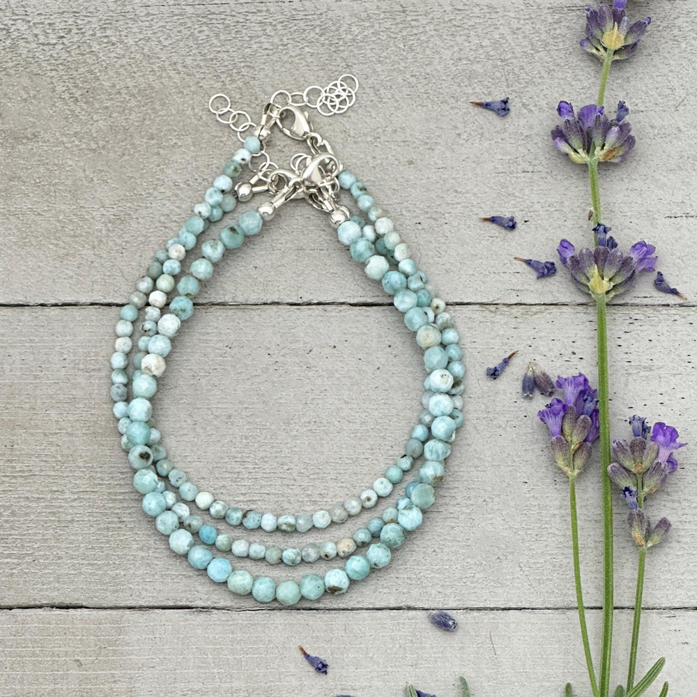 Larimar and Sterling Silver Silver Bracelet - Dainty Faceted Beaded - 3 or 4mm Genuine Blue and White Larimar - SunlightSilver