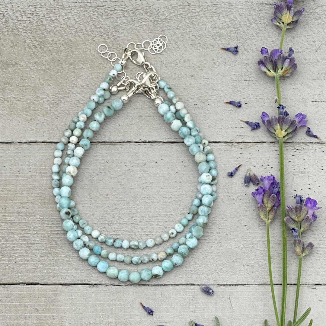 Larimar and Sterling Silver Silver Bracelet - Dainty Faceted Beaded - 3 or 4mm Genuine Blue and White Larimar - SunlightSilver