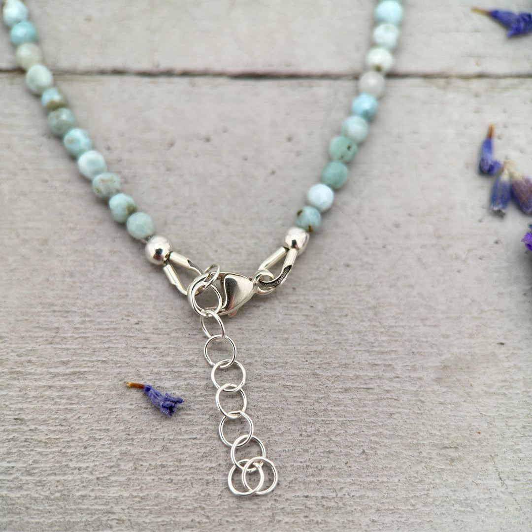 Larimar and Sterling Silver Silver Bracelet - Dainty Faceted Beaded - 3 or 4mm Genuine Blue and White Larimar - SunlightSilver