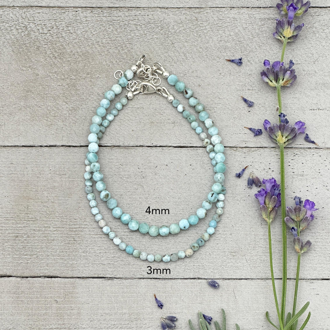 Larimar and Sterling Silver Silver Bracelet - Dainty Faceted Beaded - 3 or 4mm Genuine Blue and White Larimar - SunlightSilver