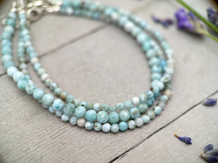 Larimar and Sterling Silver Silver Bracelet - Dainty Faceted Beaded - 3 or 4mm Genuine Blue and White Larimar - SunlightSilver