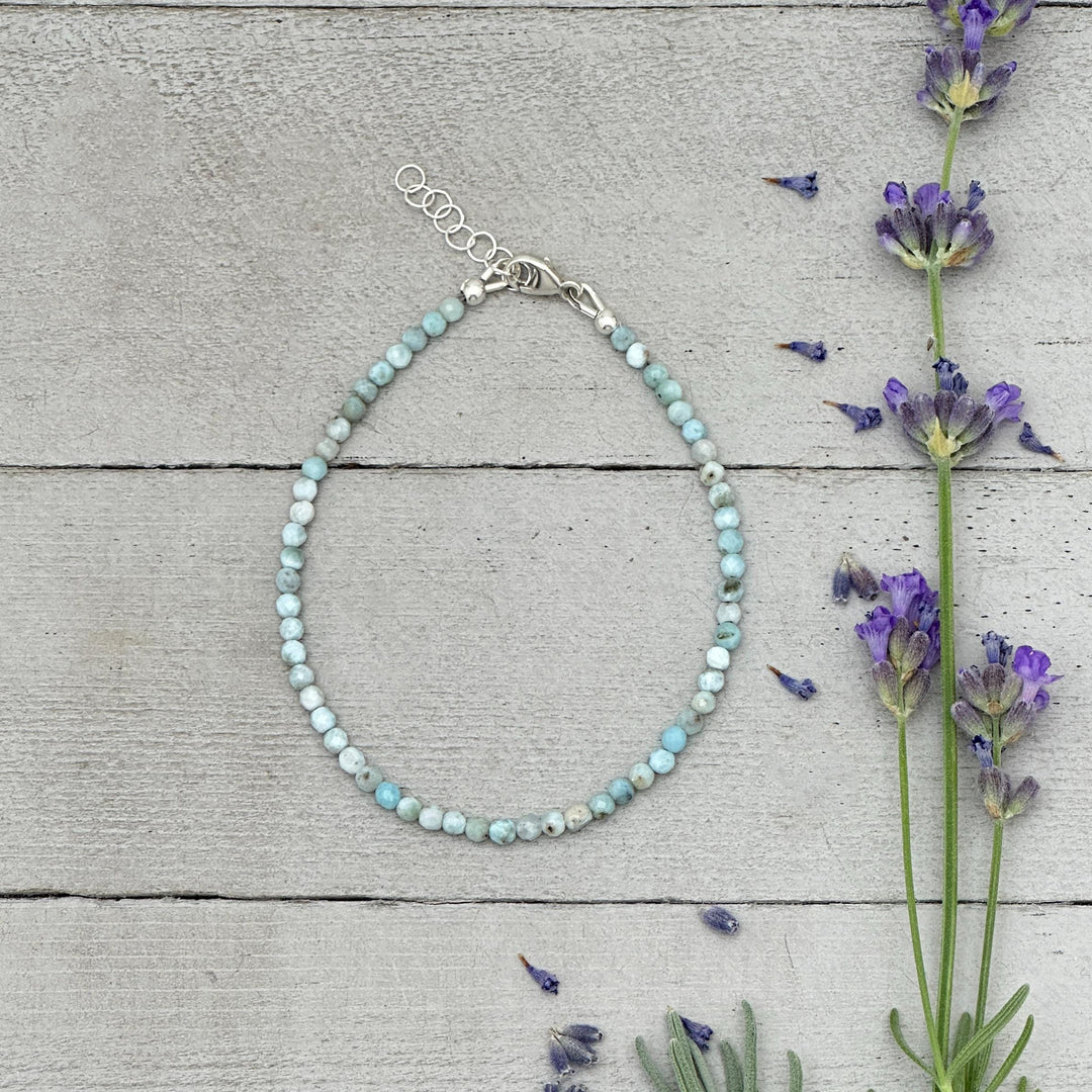Larimar and Sterling Silver Silver Bracelet - Dainty Faceted Beaded - 3 or 4mm Genuine Blue and White Larimar - SunlightSilver