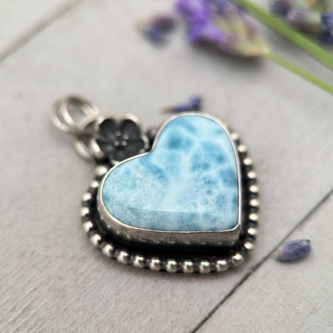 Larimar Heart Pendant Necklace - Solid 925 Sterling Silver - Floral Flower - AAA Genuine Larimar - Love Symbol - SunlightSilver