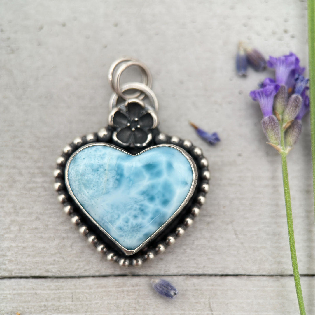 Larimar Heart Pendant Necklace - Solid 925 Sterling Silver - Floral Flower - AAA Genuine Larimar - Love Symbol - SunlightSilver