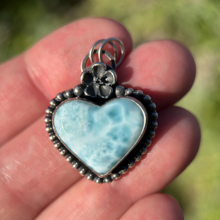 Larimar Heart Pendant Necklace - Solid 925 Sterling Silver - Floral Flower - AAA Genuine Larimar - Love Symbol - SunlightSilver