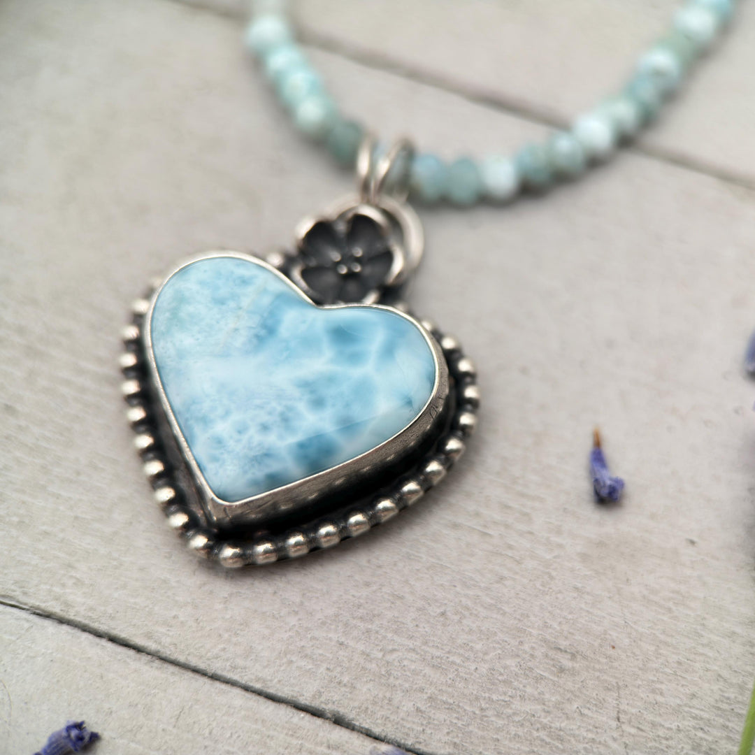 Larimar Heart Pendant Necklace - Solid 925 Sterling Silver - Floral Flower - AAA Genuine Larimar - Love Symbol - SunlightSilver