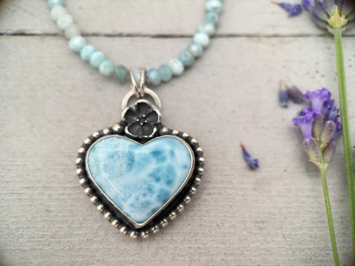 Larimar Heart Pendant Necklace - Solid 925 Sterling Silver - Floral Flower - AAA Genuine Larimar - Love Symbol - SunlightSilver
