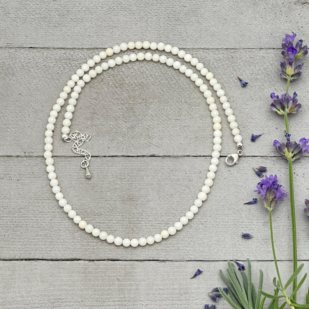 White Coral Beaded Necklace - Solid 925 Sterling Silver - Adjustable 16 to 18 inches - SunlightSilver