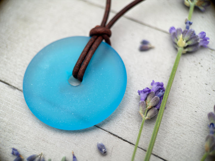 Aqua Blue Glass Necklace - Cultured Faux "Sea Glass" Donut - Rustic Brown Leather - Turquoise Ocean Sky Blue - Tropical Island Beach Vibes - SunlightSilver