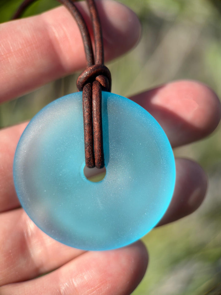 Aqua Blue Glass Necklace - Cultured Faux "Sea Glass" Donut - Rustic Brown Leather - Turquoise Ocean Sky Blue - Tropical Island Beach Vibes - SunlightSilver