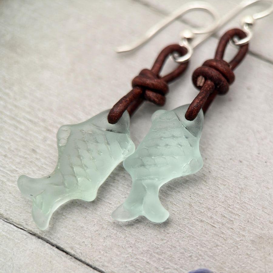 Fish Earrings - Cultured Recycled Faux "Sea Glass" - Rustic Brown Leather - Sterling Silver - Sea Foam Green - Tropical Beach Vibes - SunlightSilver