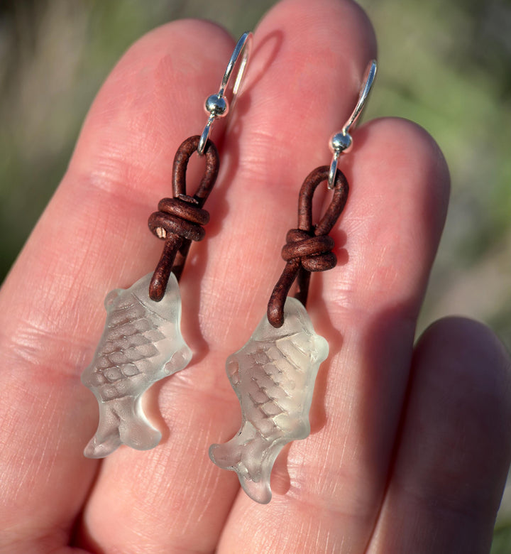 Fish Earrings - Cultured Recycled Faux "Sea Glass" - Rustic Brown Leather - Sterling Silver - Sea Foam Green - Tropical Beach Vibes - SunlightSilver